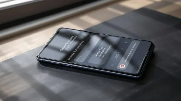 Google Pixel 10 Pro resting on a matte dark slate surface at a 45-degree angle