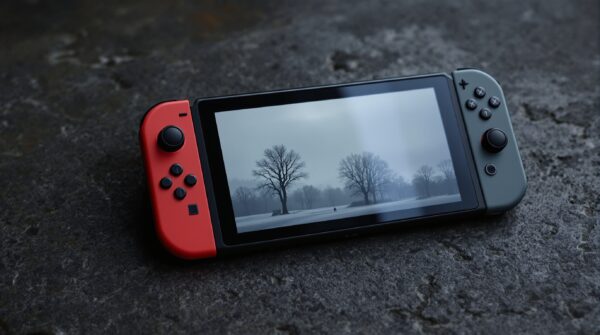 Nintendo Switch 2 console in handheld mode resting on a rough dark concrete surface, screen showing a misty post-Soviet landscape with grey skies and sparse trees, 45-degree angle, 50mm lens, shallow depth of field, soft natural window light from the left, long diffused shadows, realistic reflections on glossy console housing, no hands, no people, no text, no watermark, sharp focus, photorealistic, 16:9