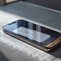 iPhone 17 Pro resting on a warm grey concrete surface at a 45-degree angle, Siri Dynamic Island active with a glowing translucent panel expanded below it showing a conversation interface, soft natural window light from the left casting long shadows, realistic glass reflections, no hands, no people, no text, photorealistic, 16:9