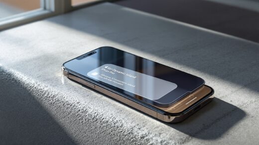 iPhone 17 Pro resting on a warm grey concrete surface at a 45-degree angle, Siri Dynamic Island active with a glowing translucent panel expanded below it showing a conversation interface, soft natural window light from the left casting long shadows, realistic glass reflections, no hands, no people, no text, photorealistic, 16:9