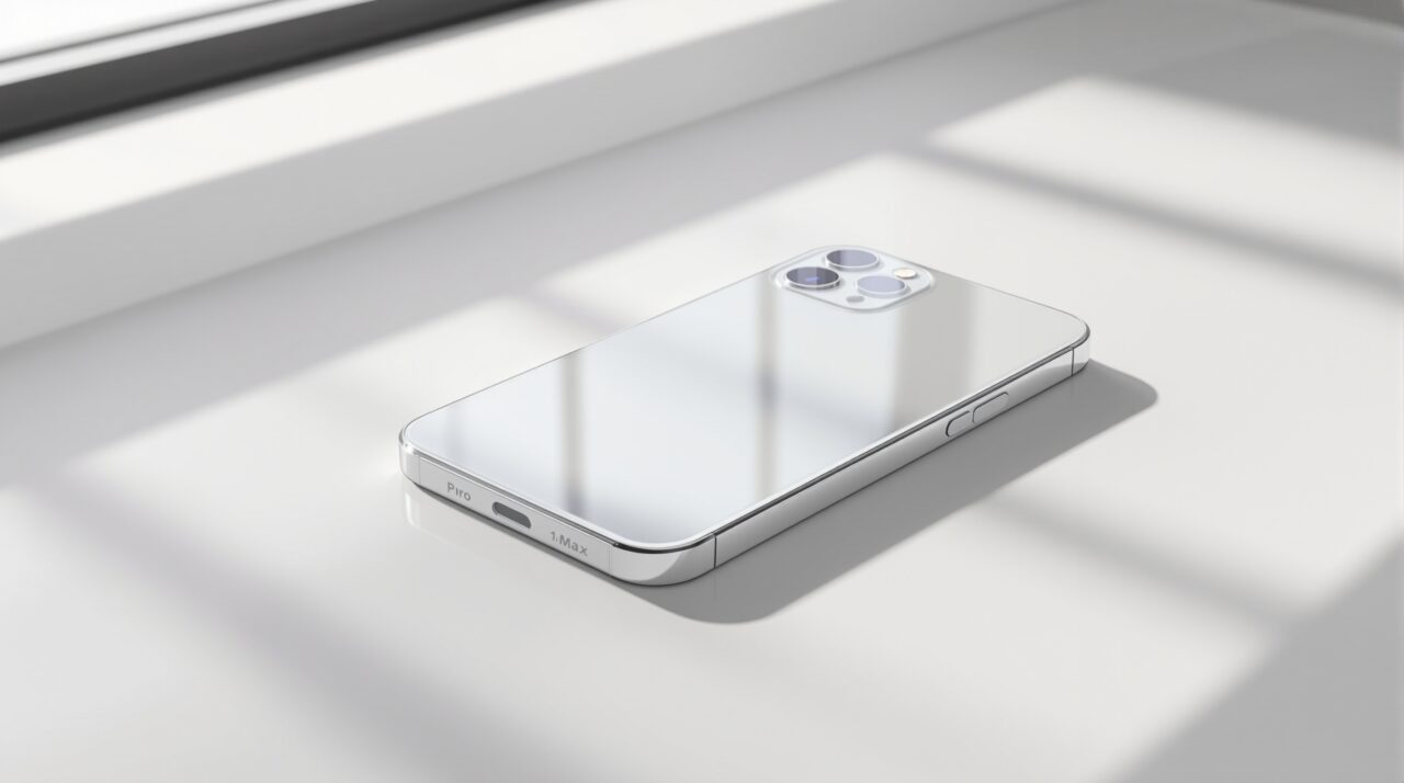 iPhone 18 Pro Dynamic Island is shrinking and it changes more than you think 1 iPhone 18 Pro Max design dummy unit resting face-up on a pale warm grey studio surface, front-facing at a slight upward angle to show the reduced front cutout, shot at 45-degree angle using a 50mm lens, soft diffused window light from the left casting long shadows on the surface, realistic titanium edge reflections, no hands, no people, no text, no watermark, sharp focus, photorealistic, 16:9