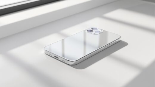 iPhone 18 Pro Max design dummy unit resting face-up on a pale warm grey studio surface, front-facing at a slight upward angle to show the reduced front cutout, shot at 45-degree angle using a 50mm lens, soft diffused window light from the left casting long shadows on the surface, realistic titanium edge reflections, no hands, no people, no text, no watermark, sharp focus, photorealistic, 16:9