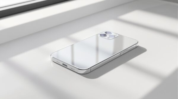 iPhone 18 Pro Dynamic Island is shrinking and it changes more than you think 20 iPhone 18 Pro Max design dummy unit resting face-up on a pale warm grey studio surface, front-facing at a slight upward angle to show the reduced front cutout, shot at 45-degree angle using a 50mm lens, soft diffused window light from the left casting long shadows on the surface, realistic titanium edge reflections, no hands, no people, no text, no watermark, sharp focus, photorealistic, 16:9