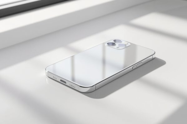 iPhone 18 Pro Max design dummy unit resting face-up on a pale warm grey studio surface, front-facing at a slight upward angle to show the reduced front cutout, shot at 45-degree angle using a 50mm lens, soft diffused window light from the left casting long shadows on the surface, realistic titanium edge reflections, no hands, no people, no text, no watermark, sharp focus, photorealistic, 16:9