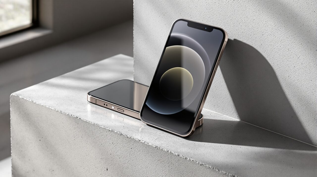 iPhone 18 Pro Max is getting heavier, and the reason is one most people will accept 1 iPhone 18 Pro Max design dummy unit resting upright on its side on a matte warm grey concrete surface, showing the device's thickness profile clearly, shot at 45-degree angle using a 50mm lens, soft natural window light from the left casting long diffused shadows, realistic titanium edge reflections and concrete texture, no hands, no people, no text, no watermark, sharp focus, photorealistic, 16:9