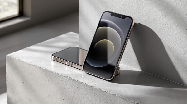 iPhone 18 Pro Max is getting heavier, and the reason is one most people will accept 17 iPhone 18 Pro Max design dummy unit resting upright on its side on a matte warm grey concrete surface, showing the device's thickness profile clearly, shot at 45-degree angle using a 50mm lens, soft natural window light from the left casting long diffused shadows, realistic titanium edge reflections and concrete texture, no hands, no people, no text, no watermark, sharp focus, photorealistic, 16:9