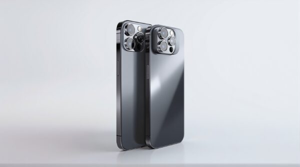 iPhone 18 Pro Max and iPhone 17 Pro Max dummy units placed side by side on a matte white studio surface at a slight angle showing camera bumps and rear panel differences, shot at 45-degree angle using a 50mm lens, soft diffused overhead studio lighting, realistic titanium reflections, no hands, no people, no text, no watermark, sharp focus, photorealistic, 16:9
