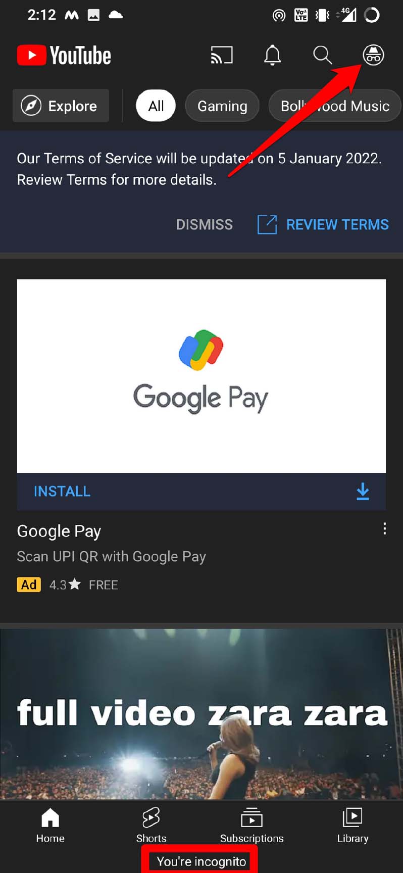 incognito mode enabled on YouTube