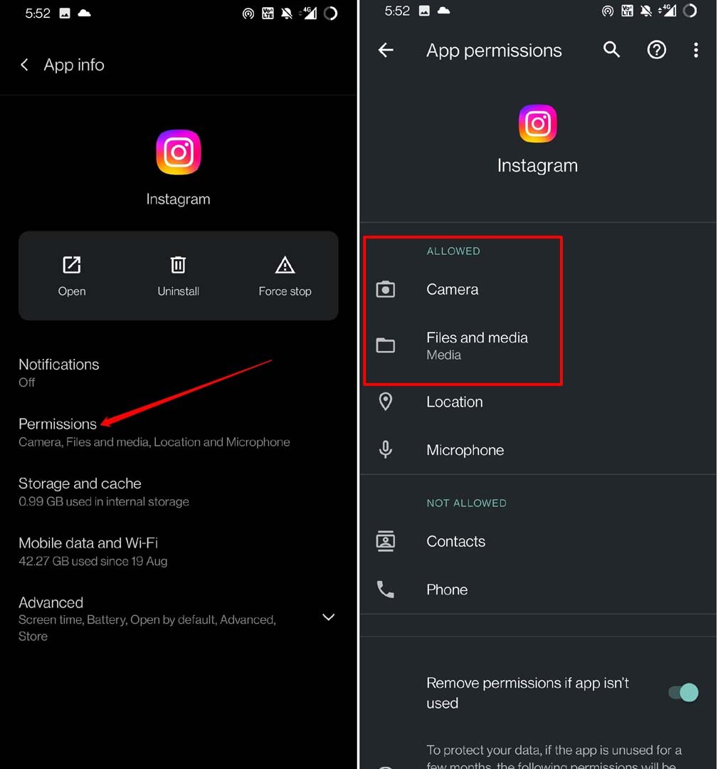 instagram app permission