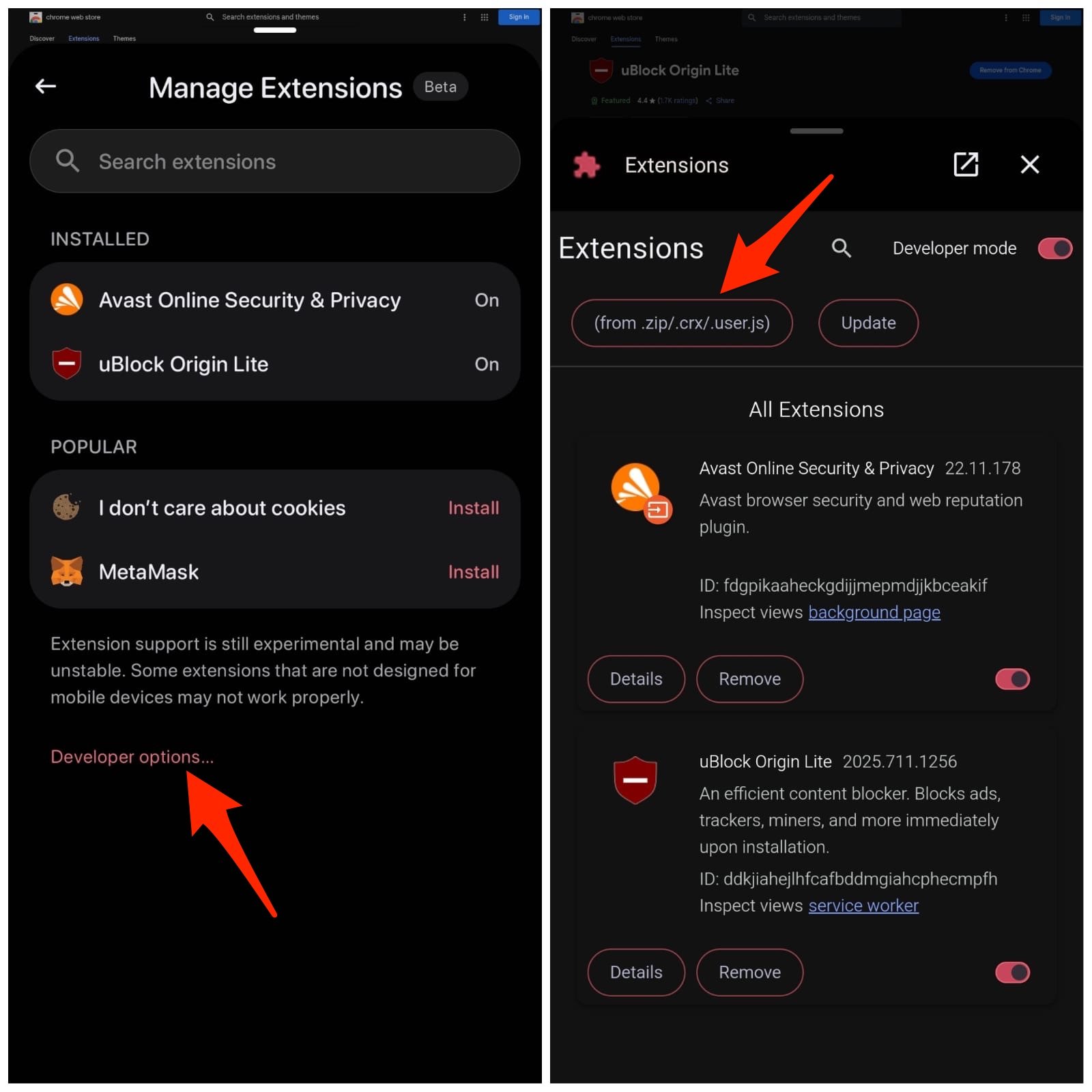 Best Kiwi Alternative: Install Chrome Extensions on Android 11 install manually using Developer mode.