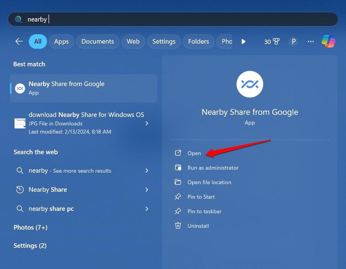 launch nearby share for Windows 11