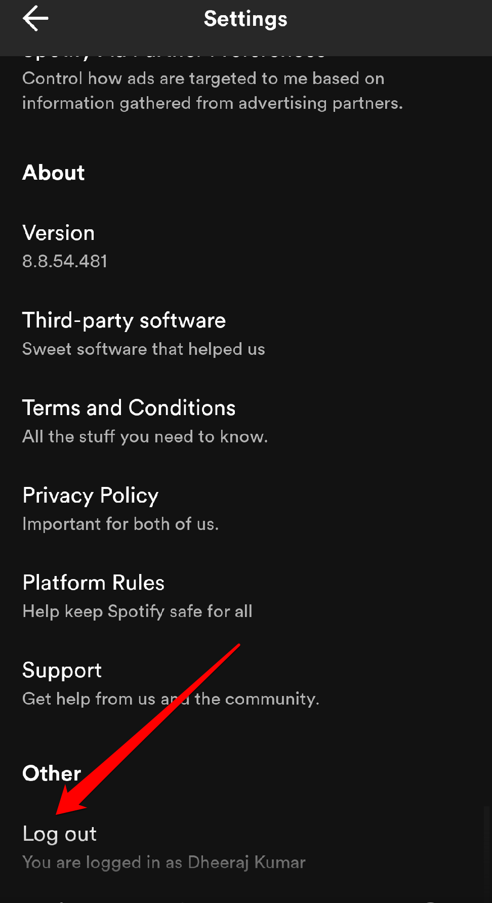 How to Fix Spotify Lyrics Not Showing Up on Android? 7 Scroll down and tap on Log out.