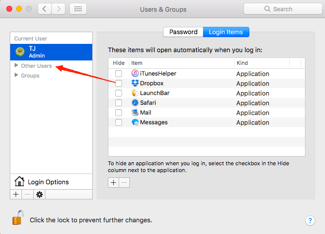 Look for any malicious item on the left panel, select it, and click on the "-" button.