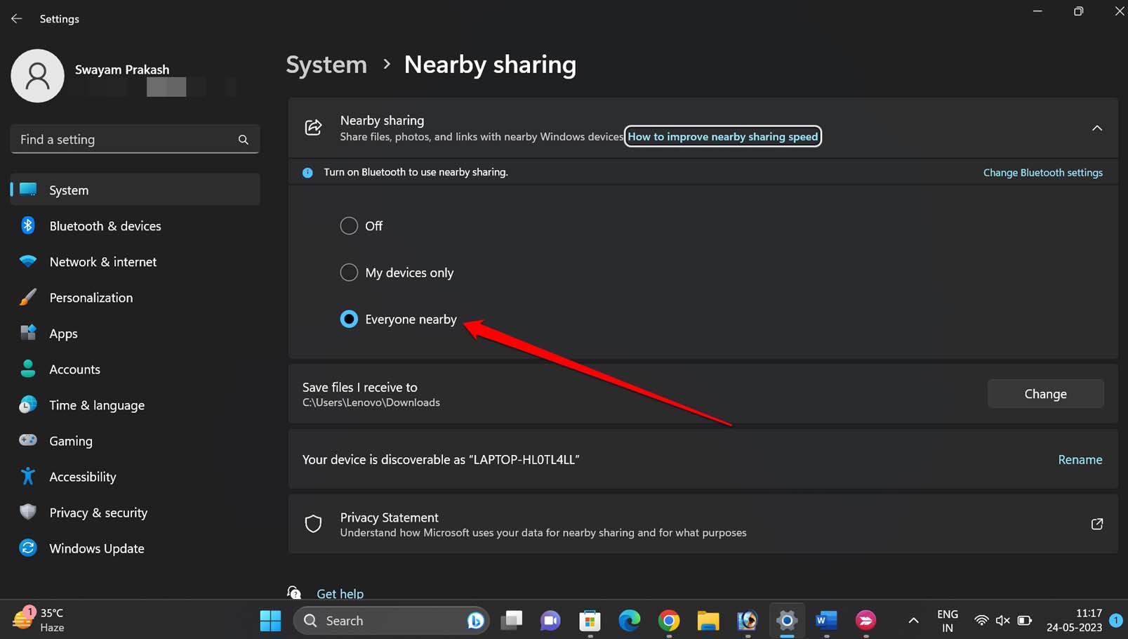 How to Fix Nearby Sharing Not Working on Windows 11? 3 make the device visible to everyone nearby