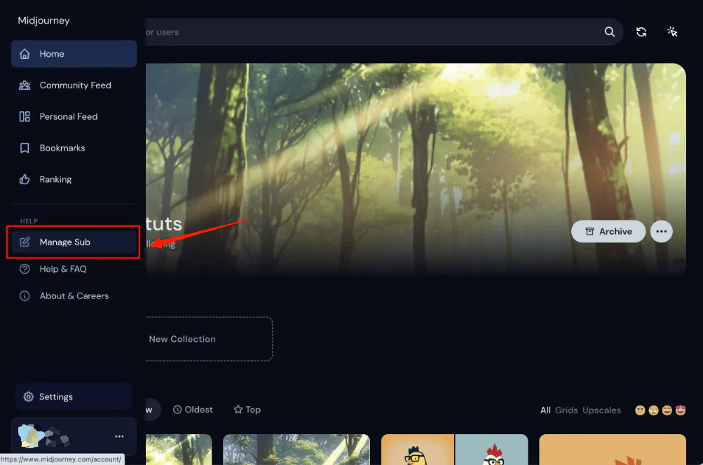 How to Cancel your Midjourney AI Subscription? 4 click on 'Manage Sub' on the left-hand panel.