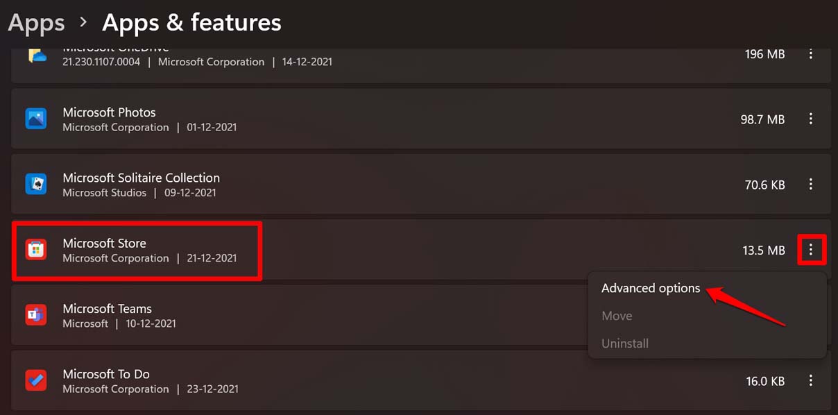 Microsoft Store advanced options