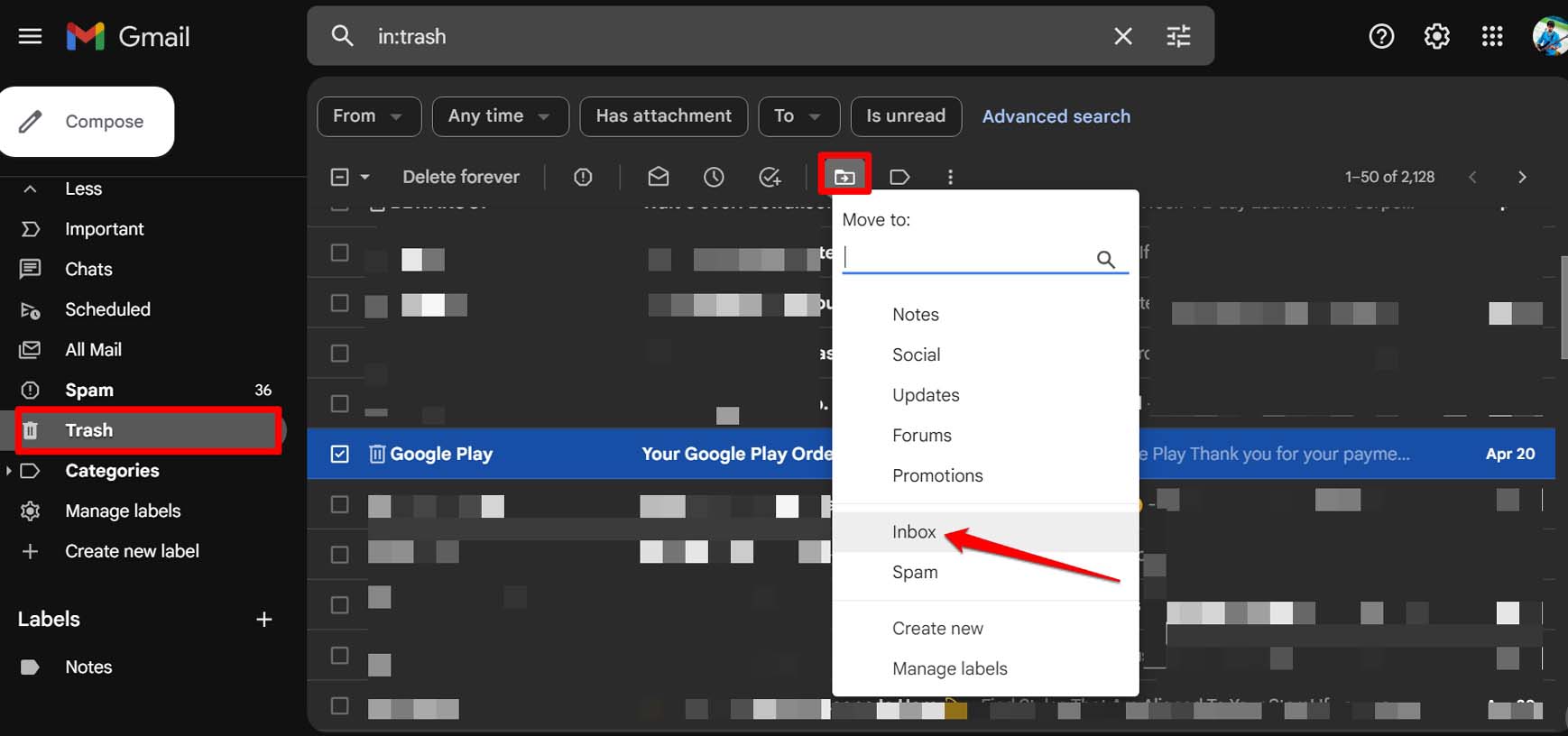 What to Do if You are Not Receiving Emails in Gmail? 8 move the email from trash to inbox Gmail