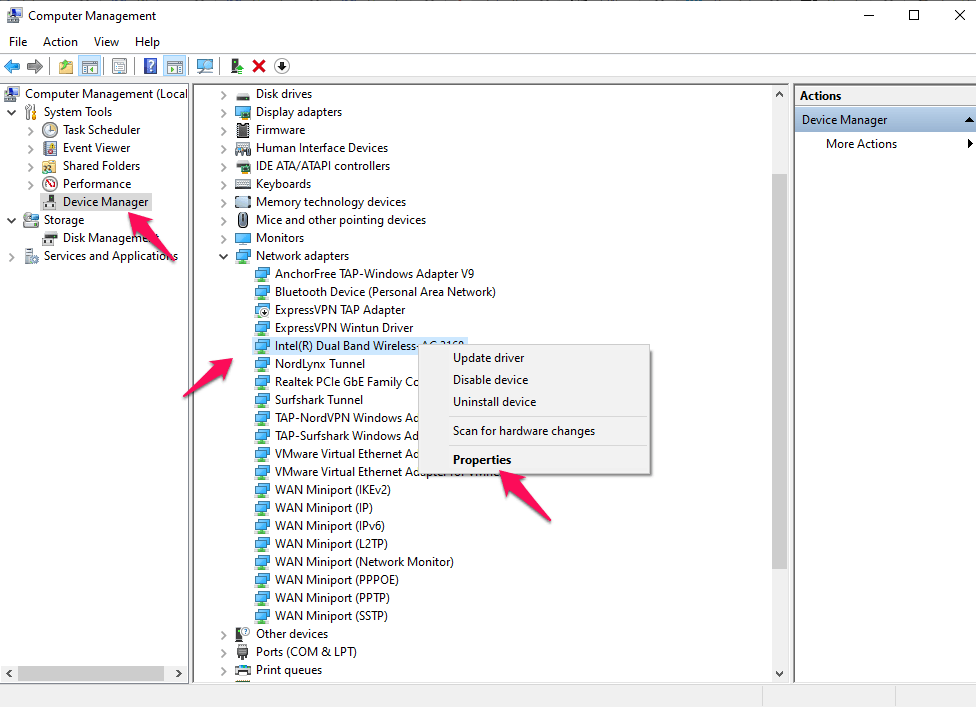 navigate to the Network Adapters drop-down menu, and right-click on the Driver. And click on the 'Properties' option