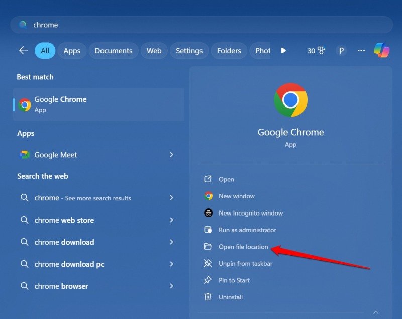 open Chrome exe file location Windows