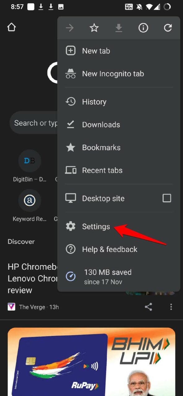 open Chrome settings Android device