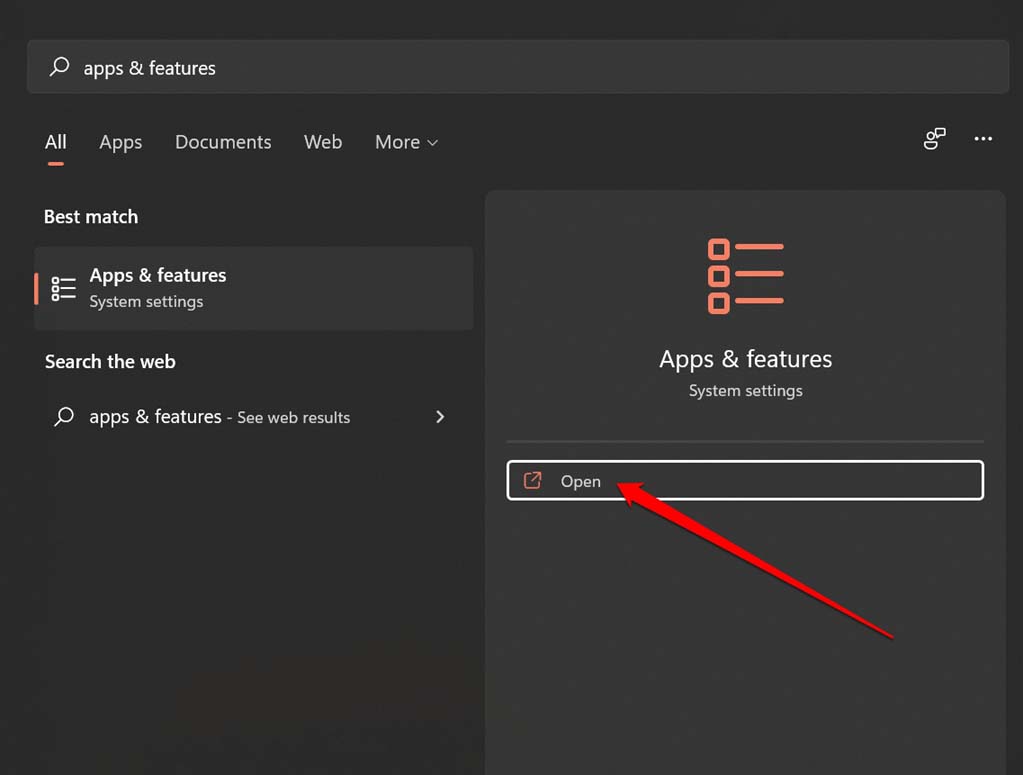 open Windows apps features