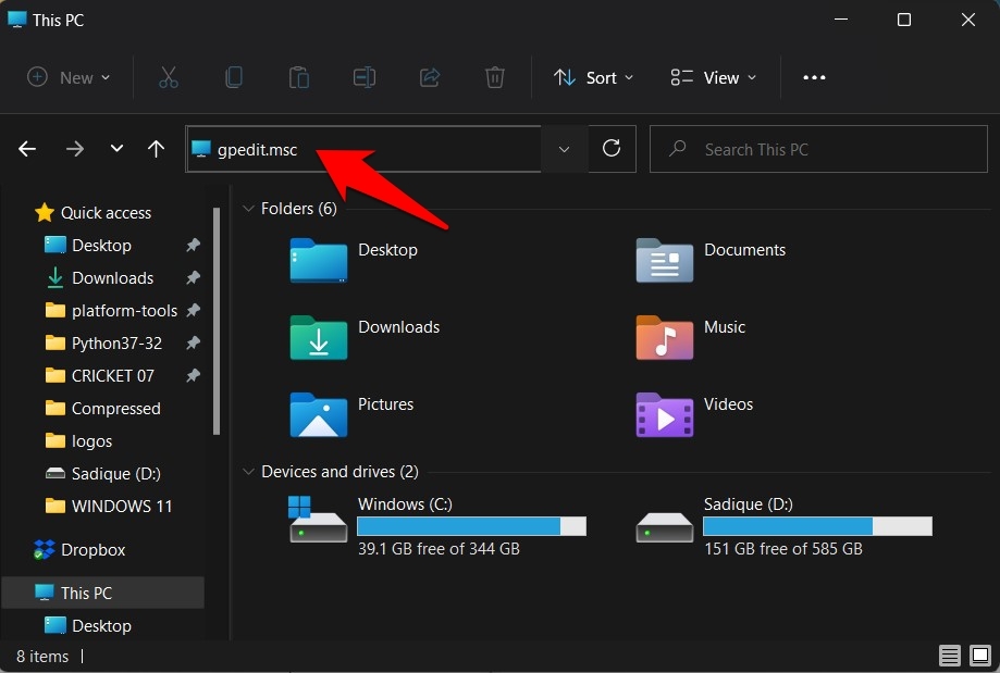 open group policy editor in windows 11 via file explorer