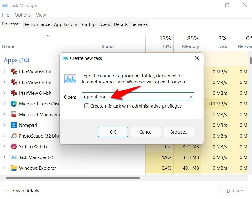 open group policy editor in windows 11 via task manager