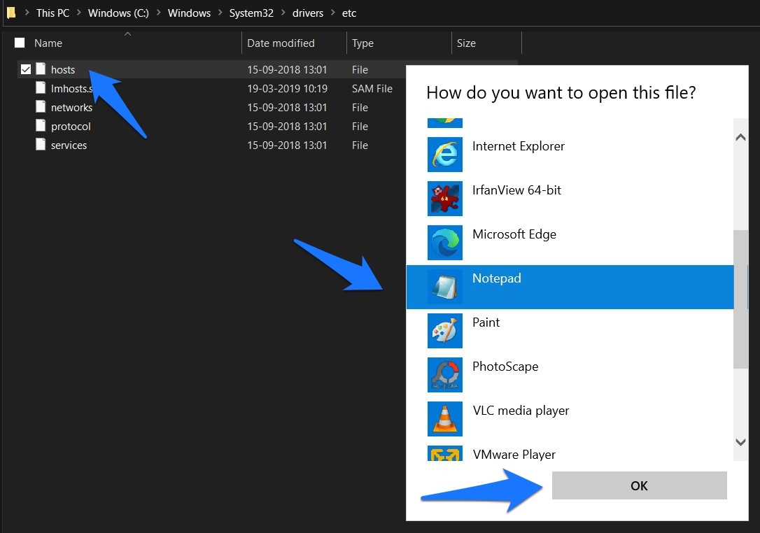 open hosts file in in etc folder with a notepad