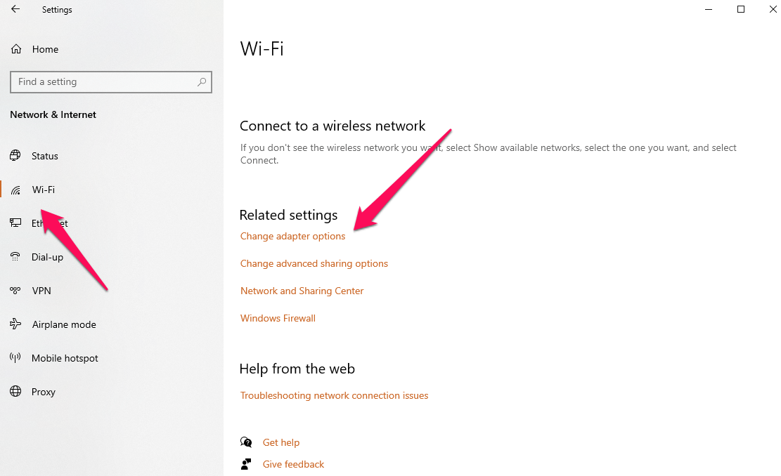 opening the Network Setting, go to WiFi and then click 'Change adapter options'