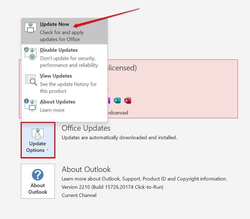 outlook update options
