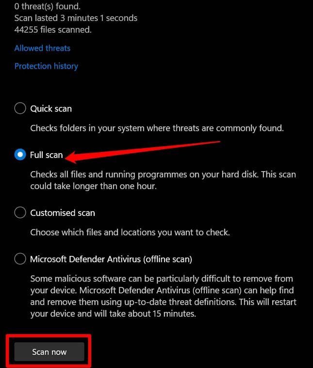 perform full scan Windows 11