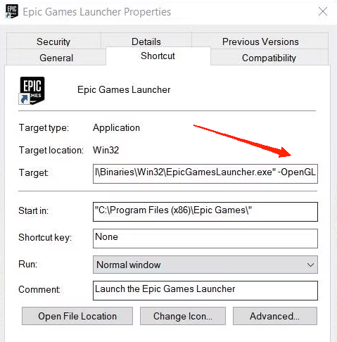 How to Fix Epic Games Launcher Not Opening on Windows 11? 8 add "-OpenGL" at the end of the path