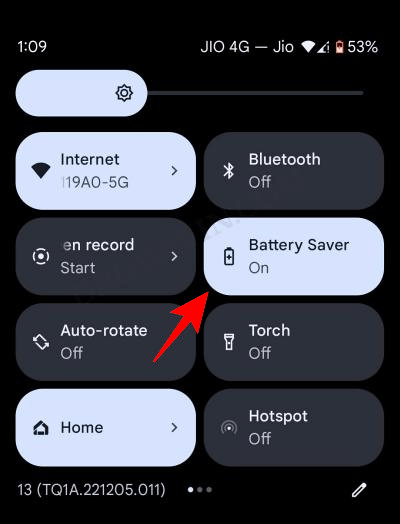 battery settings Via Quick settings