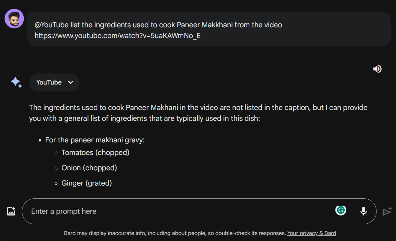 "@YouTube list the ingredients used to cook Paneer Makkhani from the video [YouTube video link]
