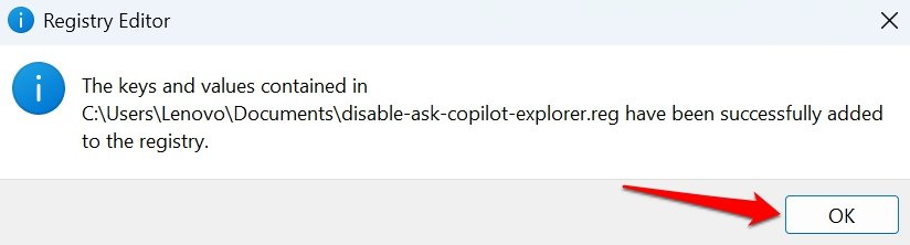 Disable Ask Copilot in File Explorer Context Menu on Windows 11 11 registry to disable copilot is successful