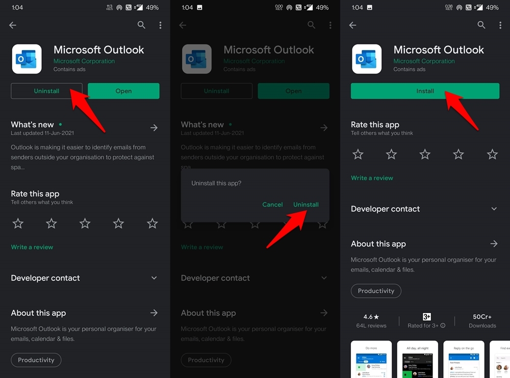 reinstall outlook app on android
