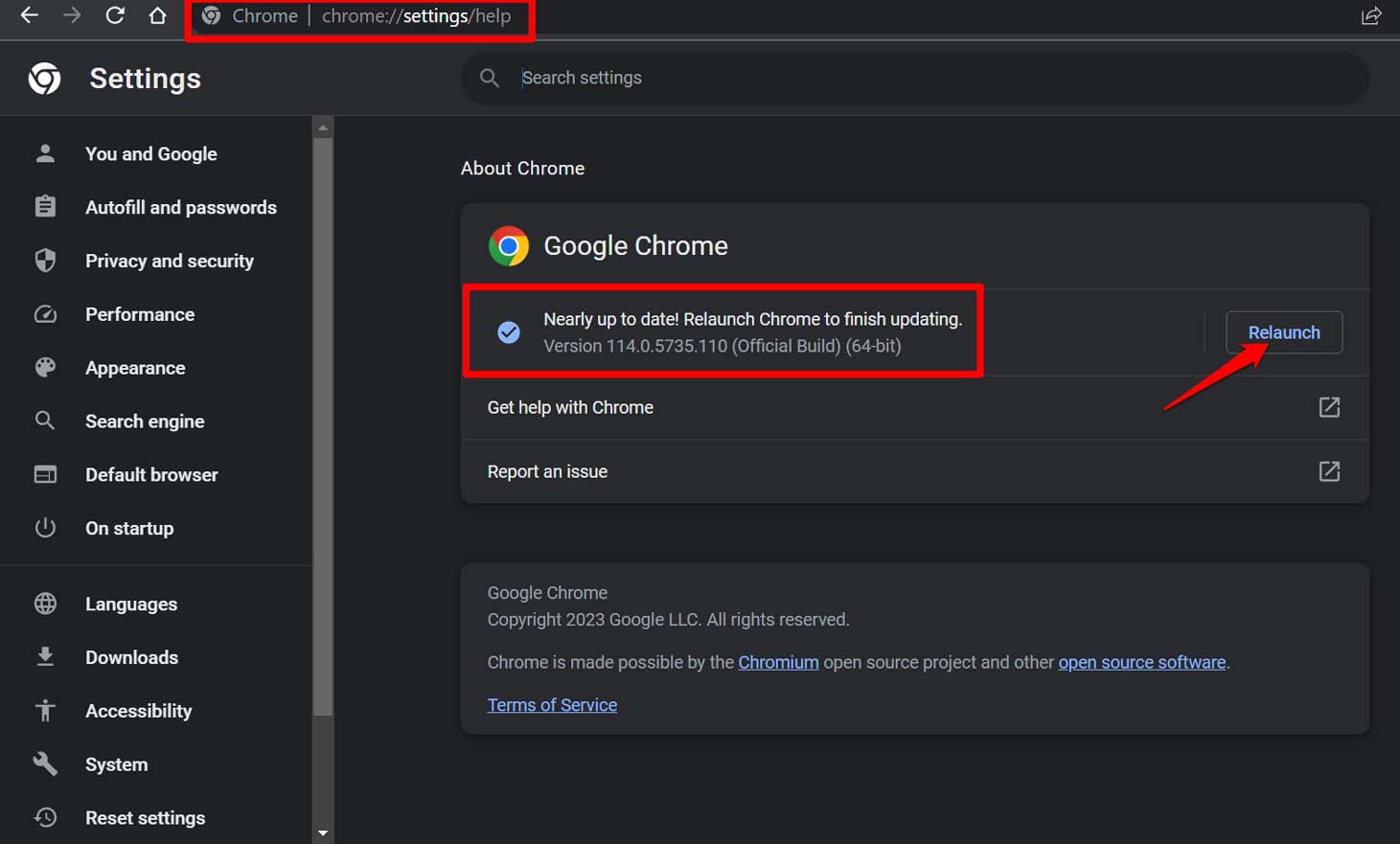 relaunch chrome browser to finish version update
