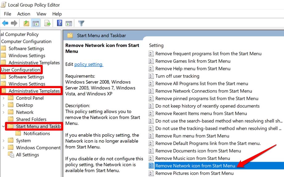 remove network icon from start menu