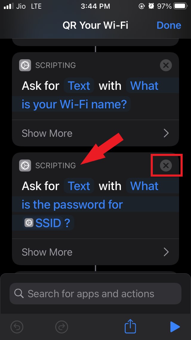 Share WiFi Password With QR Code from iPhone Using Shortcut 7 remove the scripting section of shortcut
