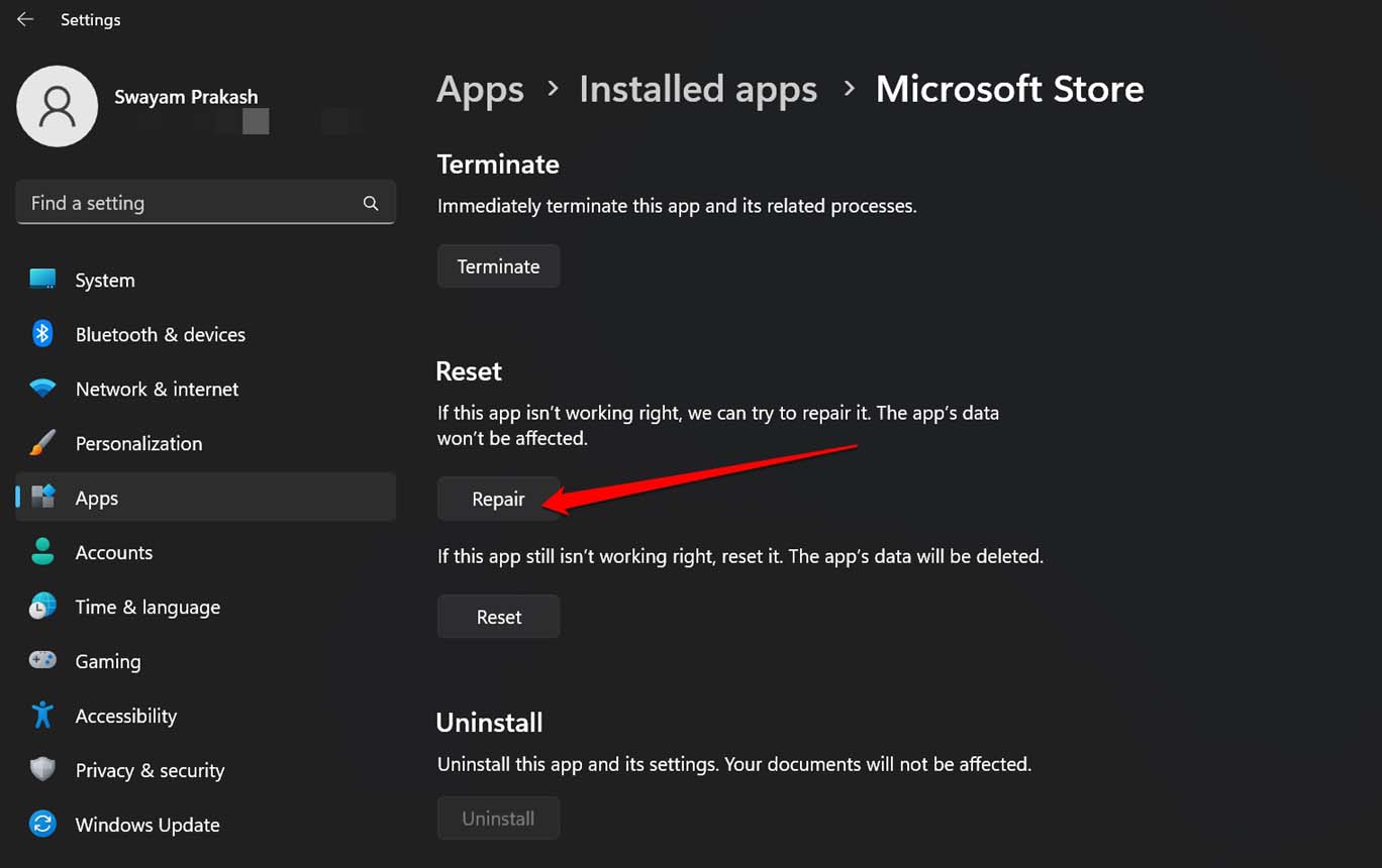 repair Microsoft Store