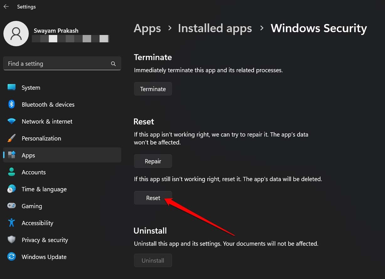 reset Windows security app
