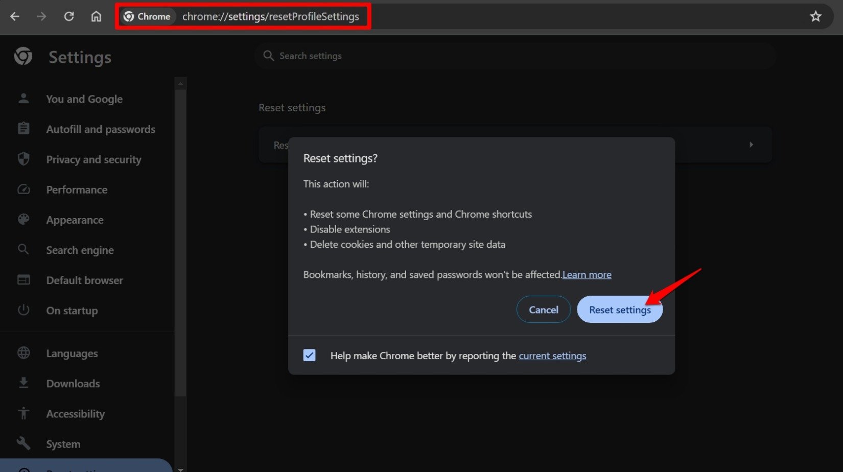 Top 8 Ways to Fix 'chrome-error://chromewebdata' in Chrome 10 reset chrome profile settings