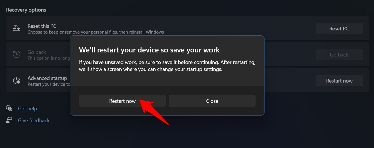 restart PC confirmation windows 11