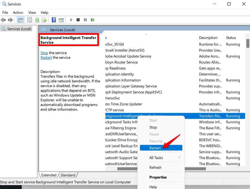 restart background intelligence transfer service
