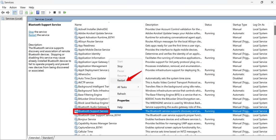 How to Fix Nearby Sharing Not Working on Windows 11? 5 restart bluetooth support service