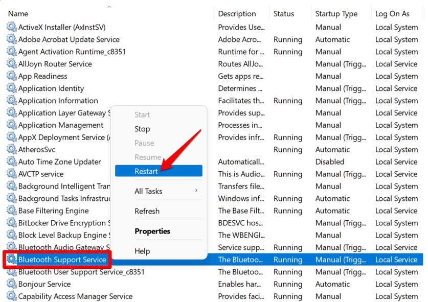 How to Fix Bluetooth Missing From Device Manager in Windows 11? 17 restart bluetooth support service