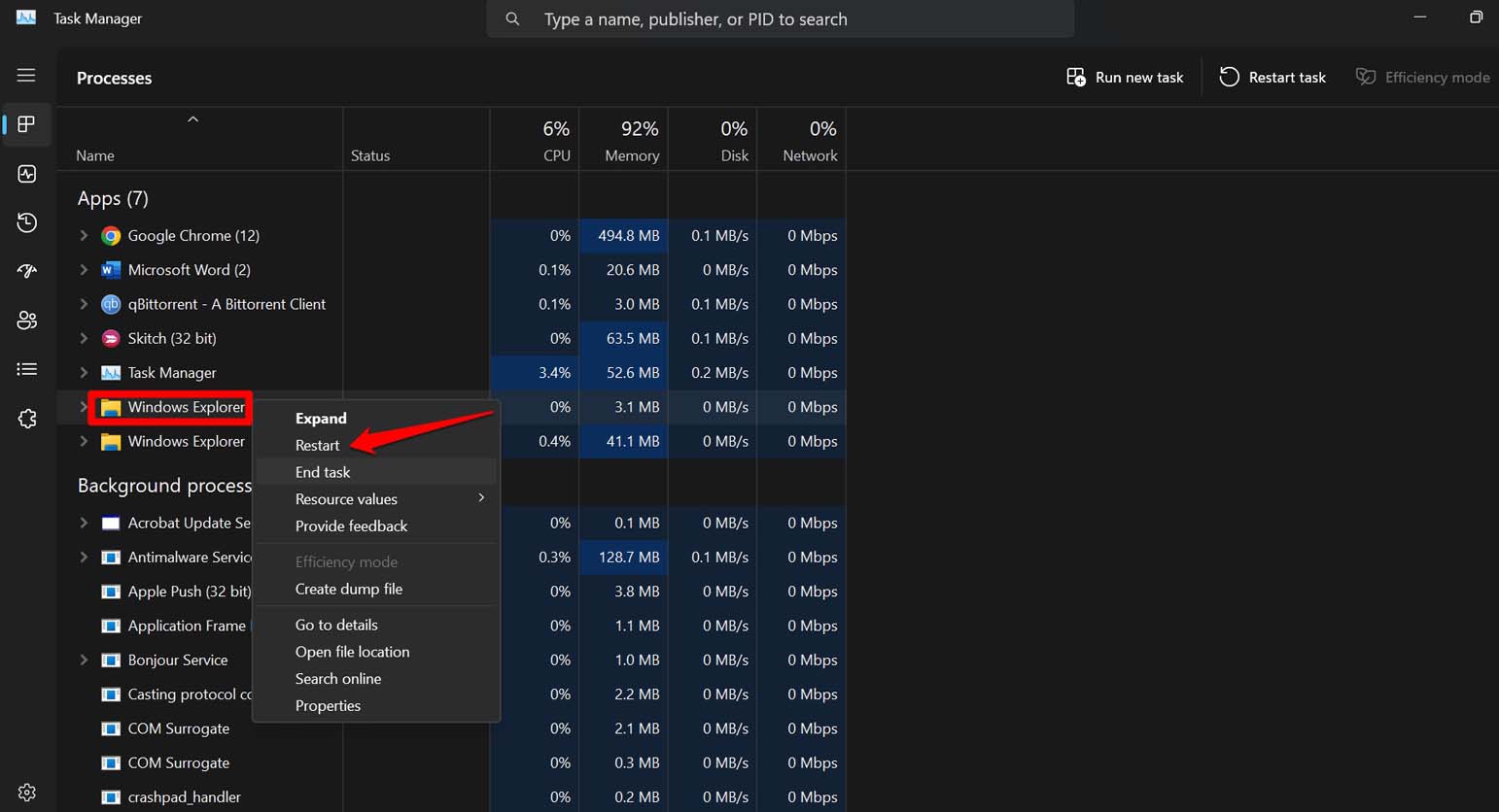 How to Fix Unable to Type in Search Bar for Windows 11 2 restart windows explorer