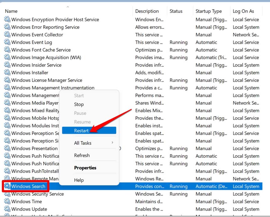 restart windows search