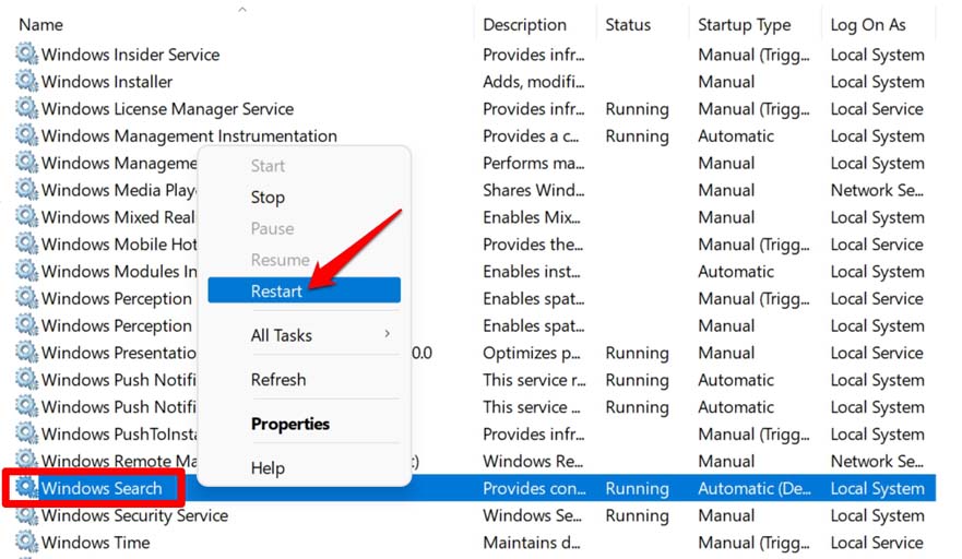 restart windows search