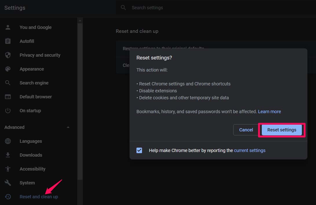 Fix Chrome Extension: An Error has Occurred, Download Interrupted 8 restore Chrome browser settings